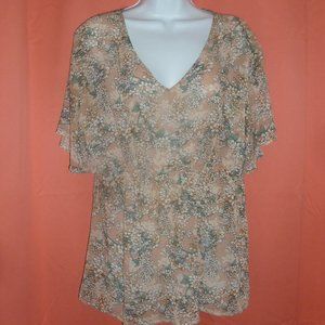 Blush Pink Tan, Semi-Sheer Blouse, Empire Waist, V-Neck, Short Sleeve, Floral M